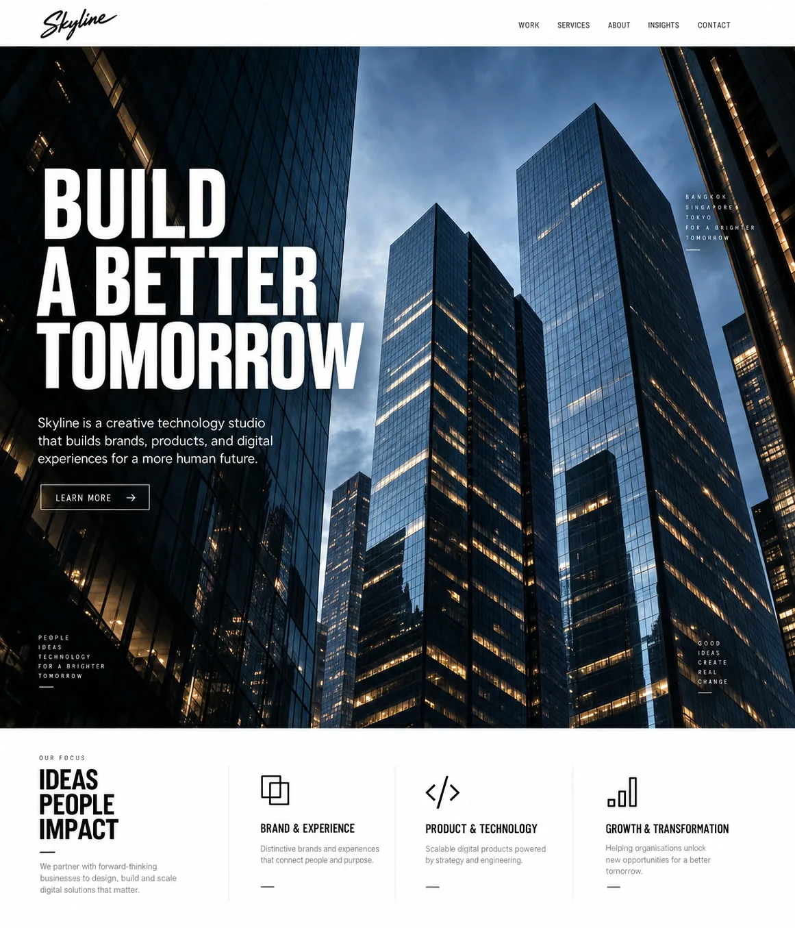 ตัวอย่างเว็บไซต์องค์กร ภาพตึกและข้อความ BUILD A BETTER TOMORROW