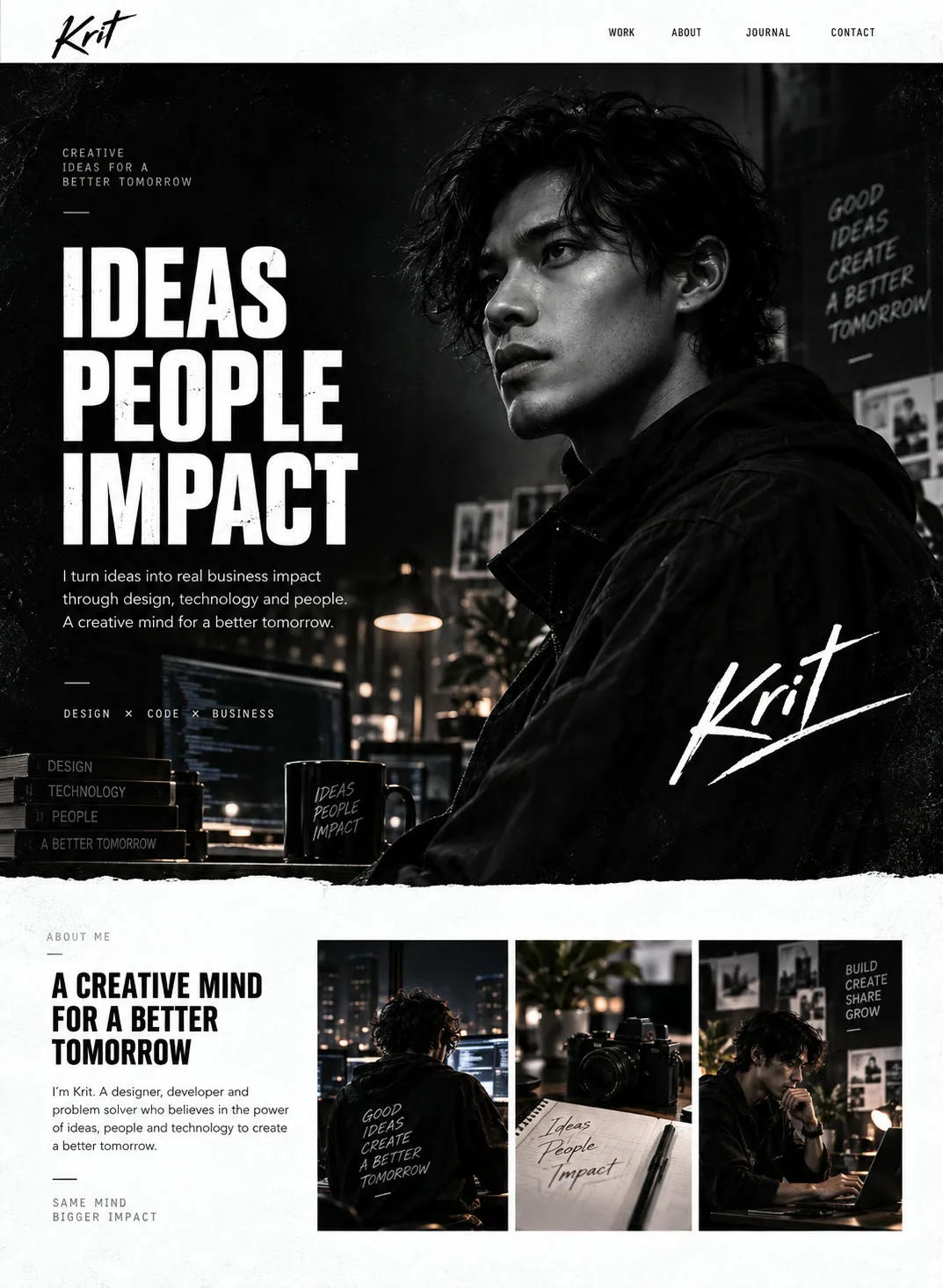 ตัวอย่างเว็บไซต์บุคคล ภาพขาวดำ IDEAS PEOPLE IMPACT